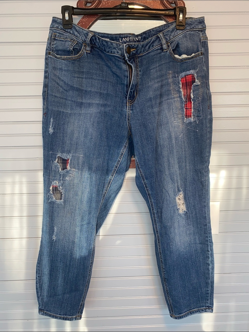 Lane Bryant Blue Distressed Boyfriend Jeans with Red Plaid Patches